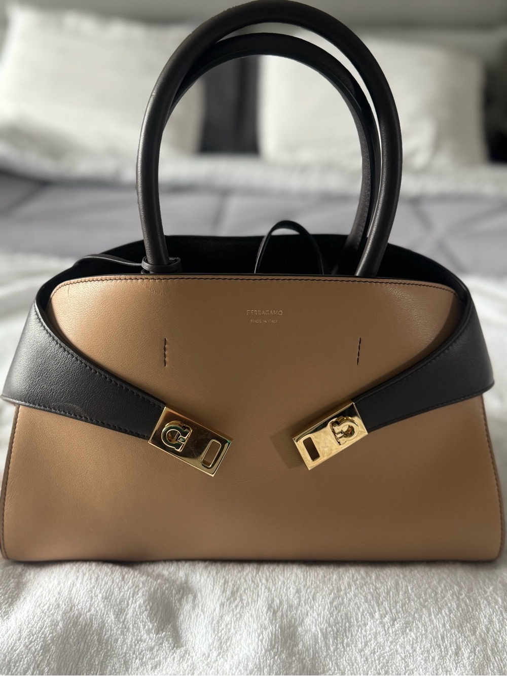 Salvatore Ferragamo Two-Tone Tan and Black Leather Top-Handle Satchel